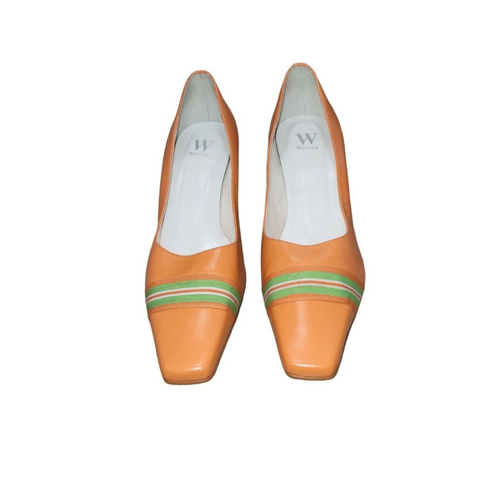 Werner Brazilian Orange Square Toe High Stilleto Leather Heels Pumps Size 8.5 M - Picture 2 of 8